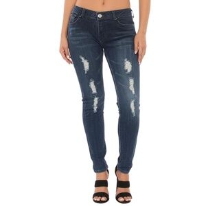 Q-IMAGE Womens Jeans Size‎ 11 Dark Blue Distressed Ripped Five-Pocket Edgy
